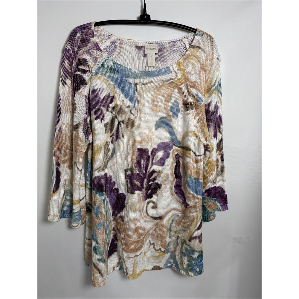Chico's‎ Chic Paisley Print Pullover Sweater In Cream/Multicolor Florals Size 3P